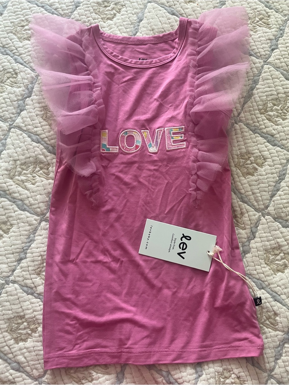 Pink "Love" Bamboo Ruffle Sleeve Girls' Top, size 5/6